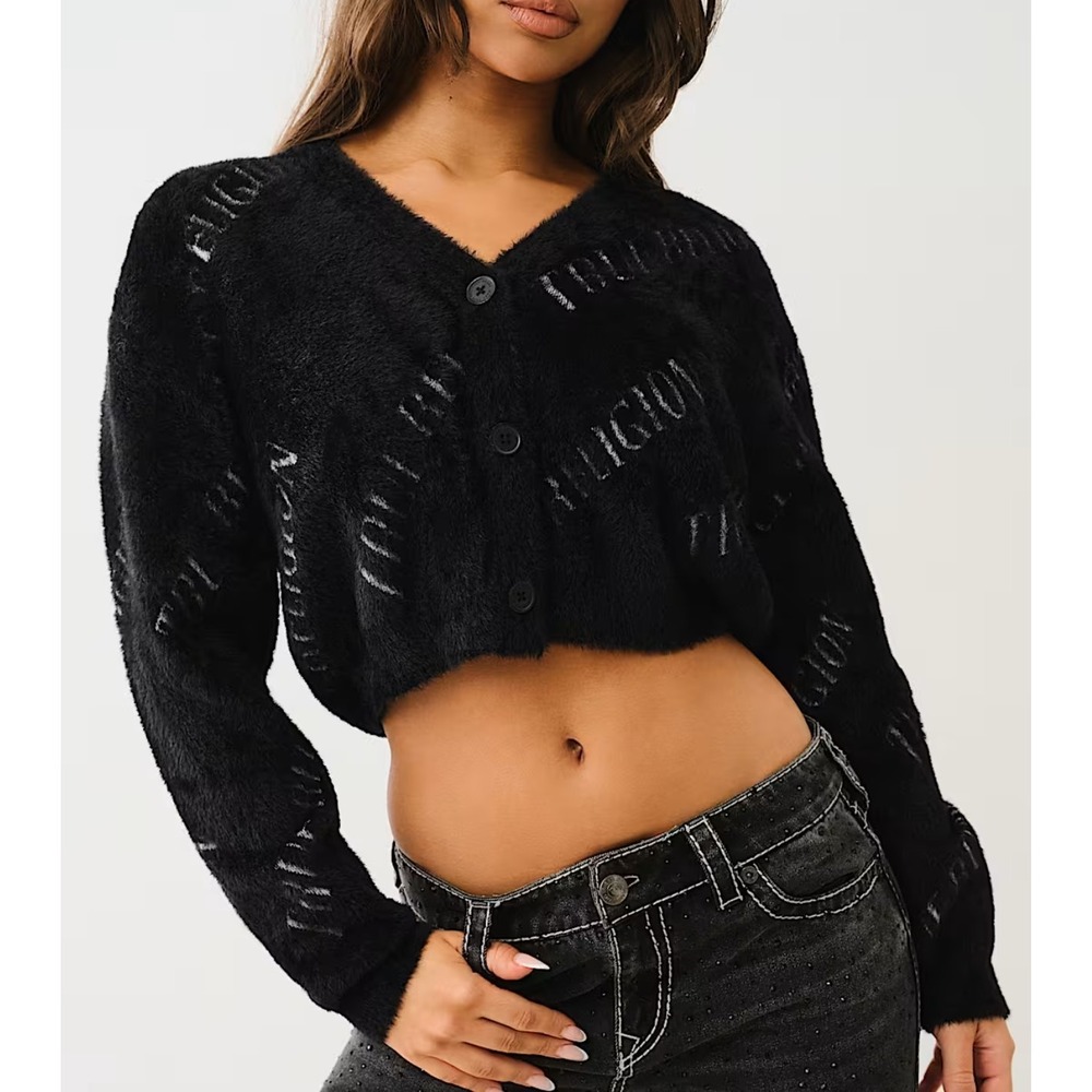 NEW! True Religion AOP Fuzzy Cropped Cardigan Sweater Women's M ~ Faux Fur /Soft